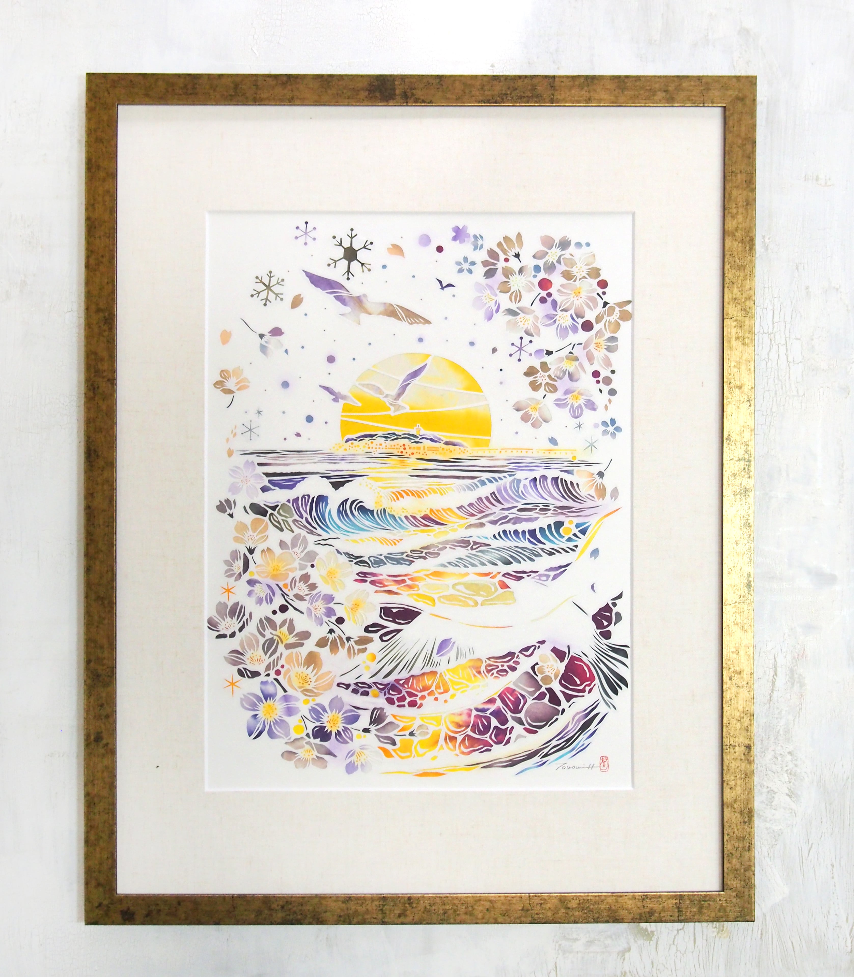 売り切り】春の尾道 桜 瀬戸内海 水彩画 戸石川和子 優しい絵です カリガン