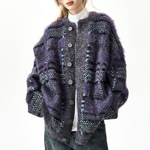 checked mohair knit cardigan　チェックモヘアニットカーディガン　J1462