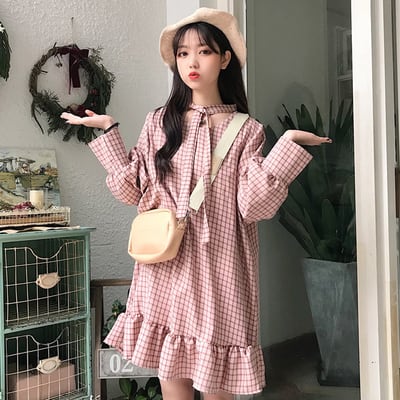 おしゃれ チェック 柄 かわいい 秋 ワンピース チェック ひざ下丈 長袖