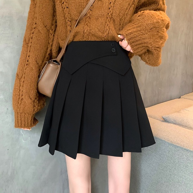 ウェストAラインスカート ブラックショートスプリングプリーツオータム 春物 秋物 試着室29730336245