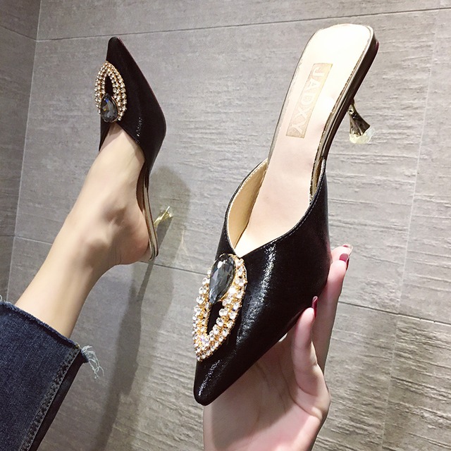 ネット赤包頭ドラッグ2020春新しい罰金ヒールサンダルとスリッパワイルド摩耗ハーフスリッパハイヒール指摘女性の靴 部族の婦人靴9456535