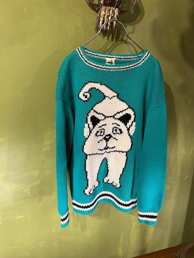 Vintage Peru green × cat animal knit tops ( ヴィンテージ ペルー  グリーン × ネコ ニット トップス )