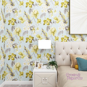 スカイブルー × イエロー Tropical flower FL1-778004MT for DIY 53㎝×10m リピート53㎝