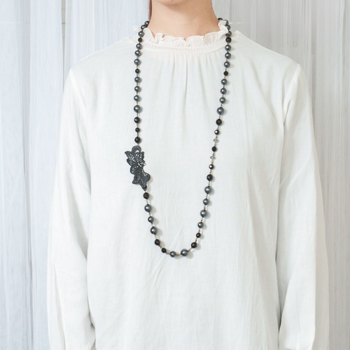 ネックレス ロング 大ぶり 長さ調整 ２連 レディース 40代 50代 軽量 コットンパール 結婚式 上品 普段使い 黒 b.vacances/La dentelle NL0001