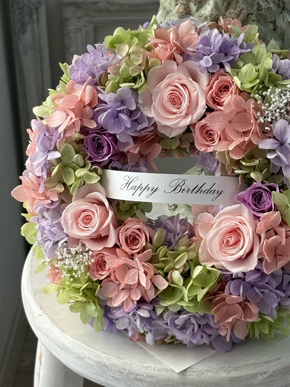 ピンクライラックのリース/直径22cm/プリザーブドフラワー/ギフト用