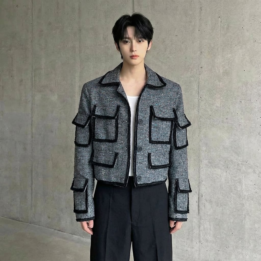 ツイード調 マルチポケットクロップドジャケット D11469