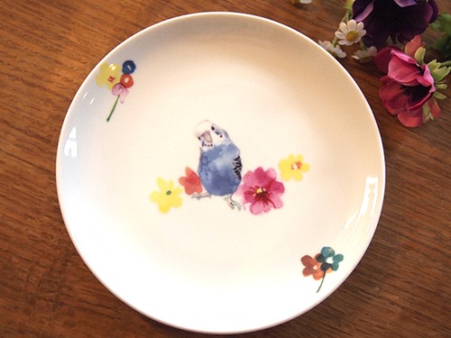 セキセイインコとお花　ブルー　大サイズ　お皿