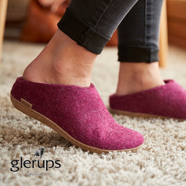 【冬物処分セール】glerups(グレーラップ) SLIP-ON WITH LEATHER SOLE（スリップ・オン（レザーソール））38（約24㎝） Cranberry Leaather スリッポン ウール レザー