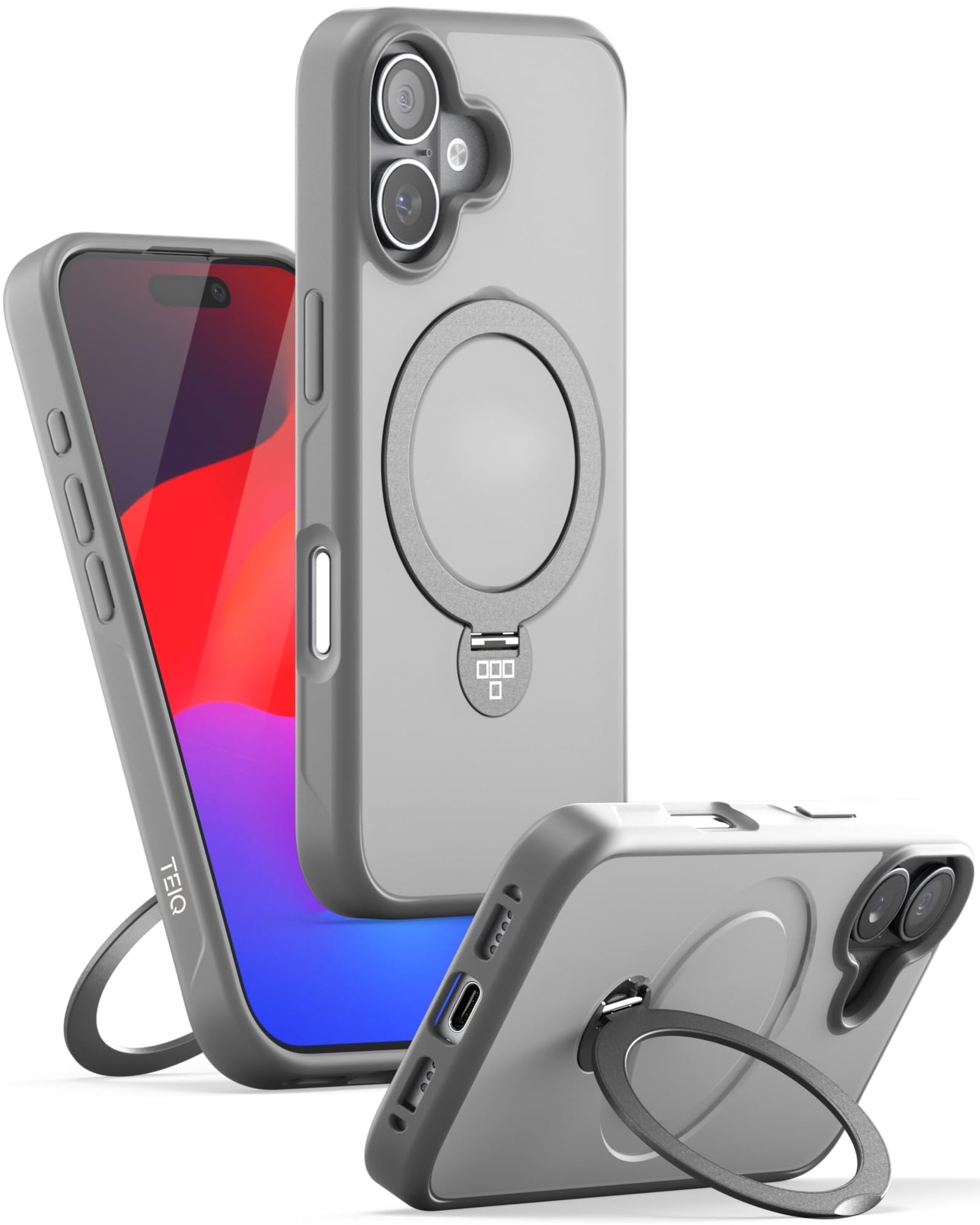 iPhone 17 ケース リング付き スタンド TEIQ 【 リング一体型 / 360°回転/縦横両対応 】 MagSafe対応/マグネット内蔵/指紋防止/マット質感/耐衝撃 カバー iPhone 17 用 (グレー)