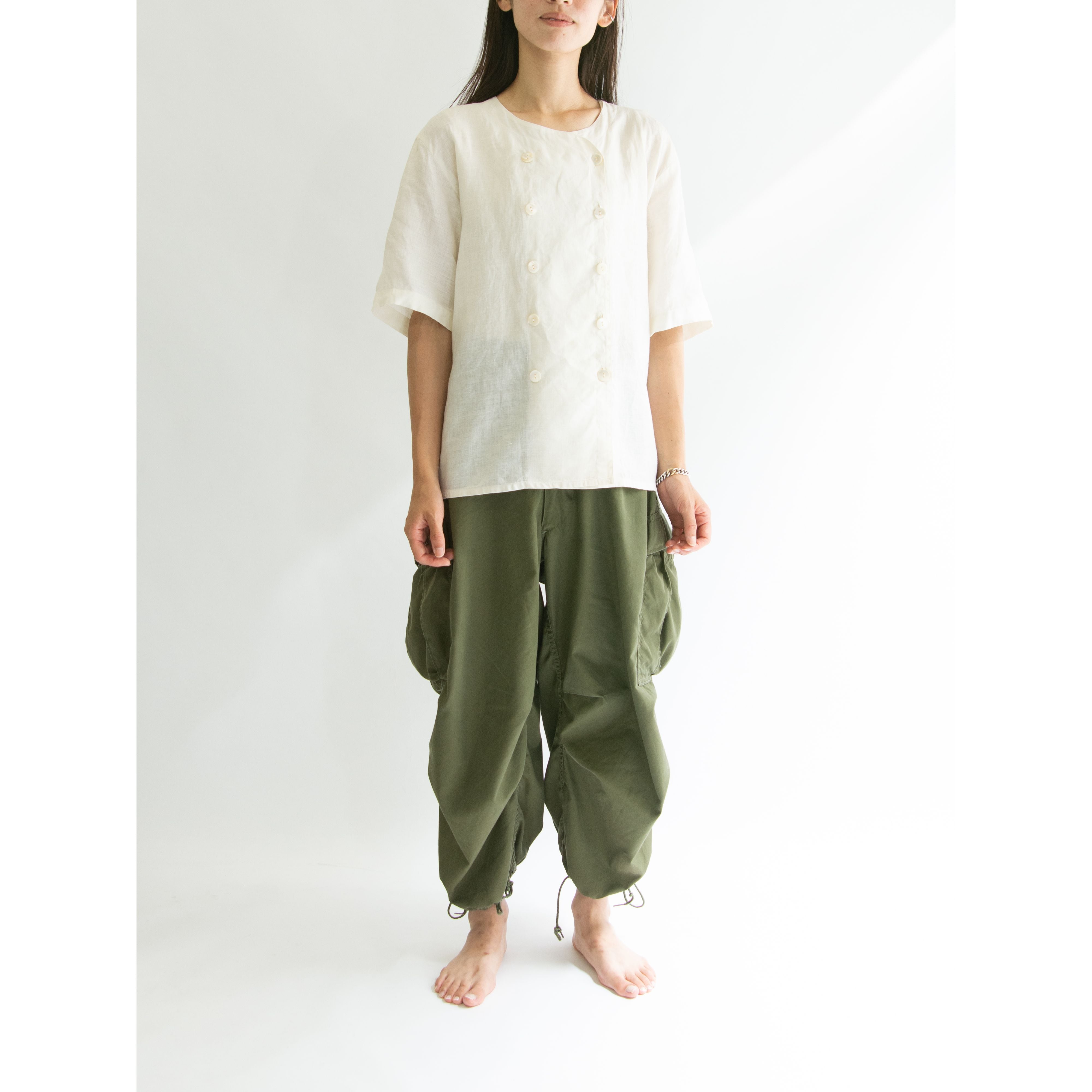 【JAEGER】Made in Great Britain 100% Linen H/S Collarless Blouse（イエーガー イギリス製 半袖ノーカラー リネンブラウス）