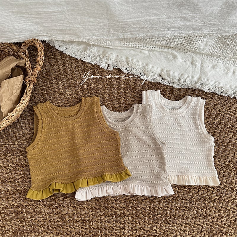 「予約」80-130cm 3色フリルノースリーブトップス お揃いコーデ 子供用 新作ベビー夏服 ガールズ 姉妹服