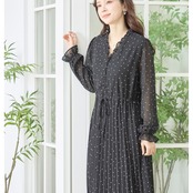 amie studio ドット柄 シフォン プリーツワンピース【M~L】ブラック