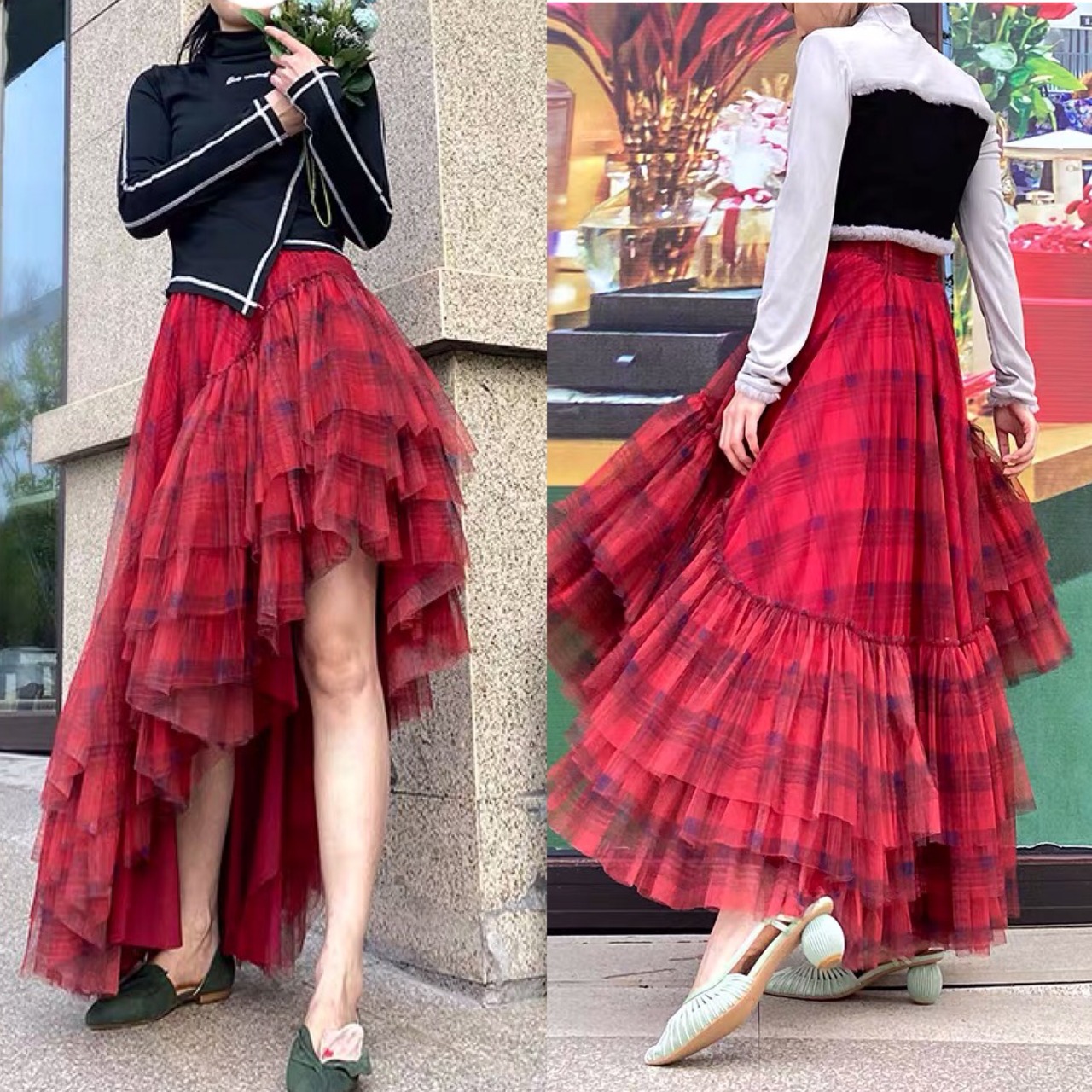 スカート チェック 黒 赤 ドレス スカート XL ピンク 薔薇 花柄 