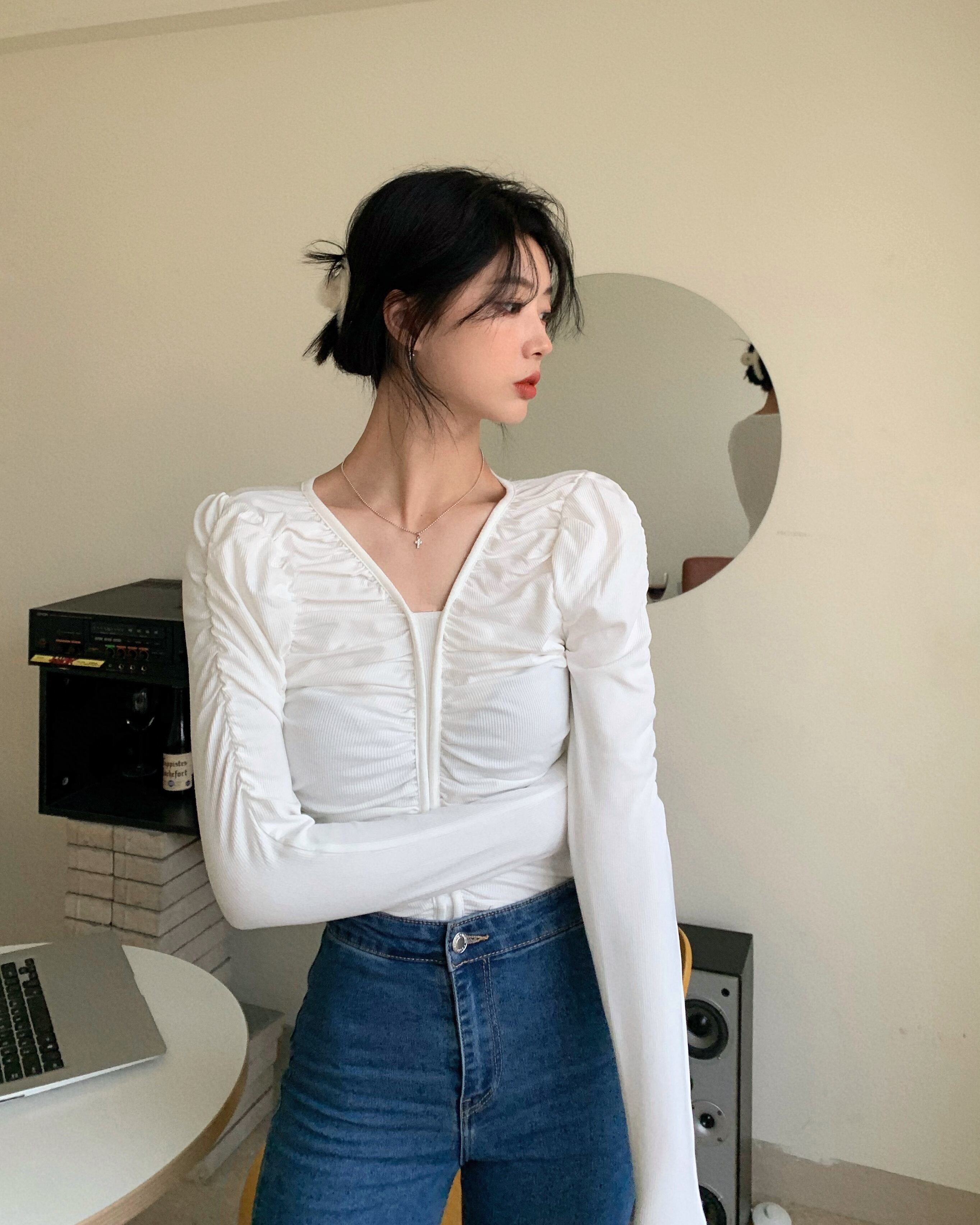 Tシャツ シャツ ショートスリムVネックホワイトスプリングトップス ロング 春物 ブラックストロベリース8042236864