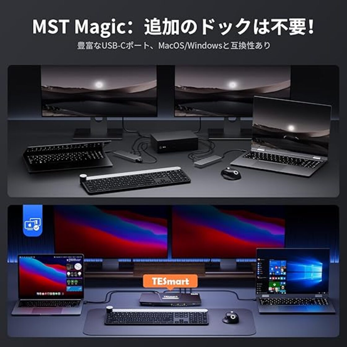 TESmart USB3.0 USB-C KVMスイッチ 2入力2出力 デュアルモニター Type 