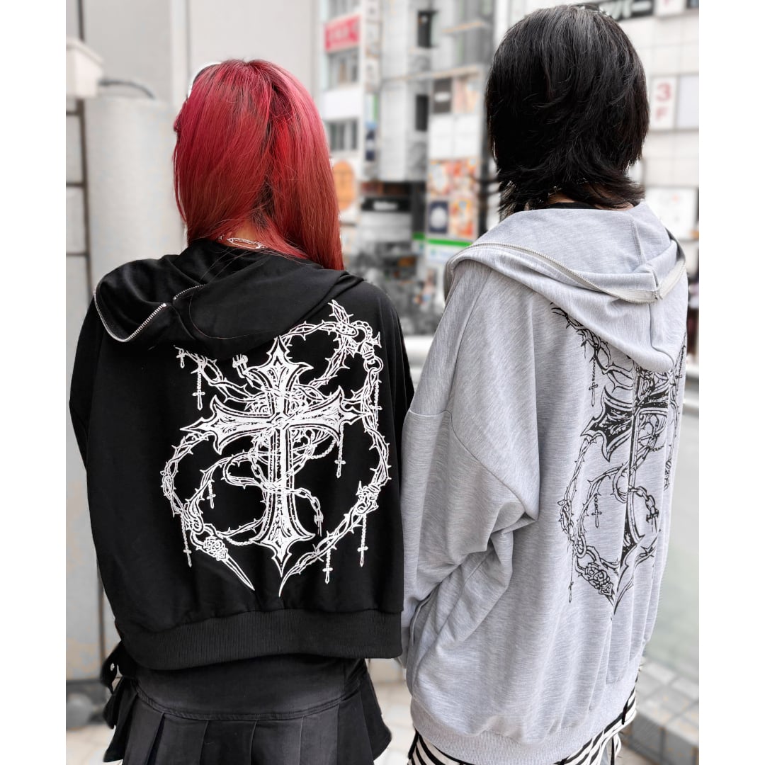 新作】クロスチェーンプリント薄手ZIPパーカー(ショート丈