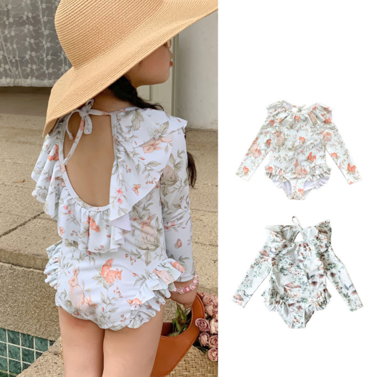 フリル裾長袖花柄水着