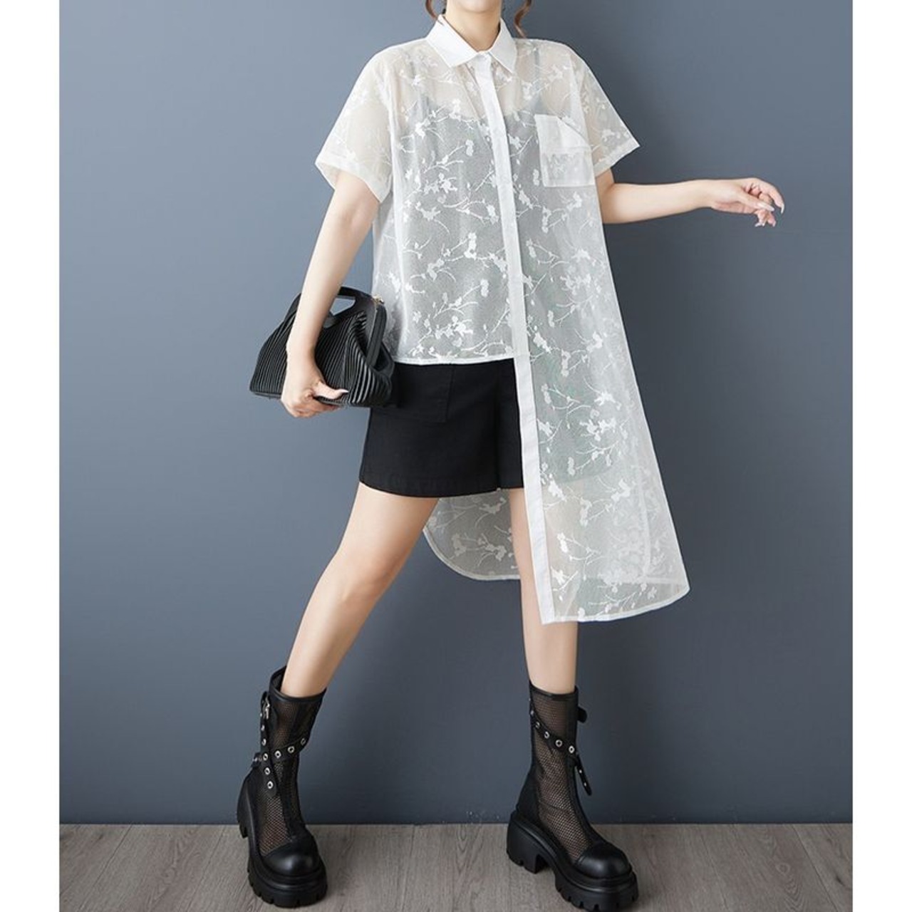 アシンメトリーヘム シアー シャツ  30196