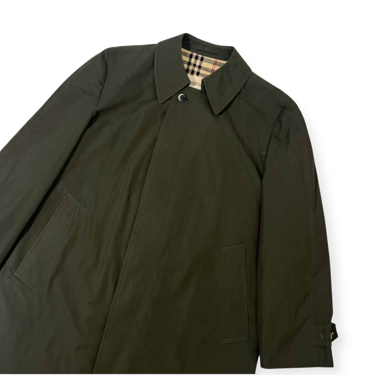 70s LONDON FOG ロンドンフォグ 裏チェック ステンカラーコート 95×99 /ビンテージ カーキグリーン メンズ