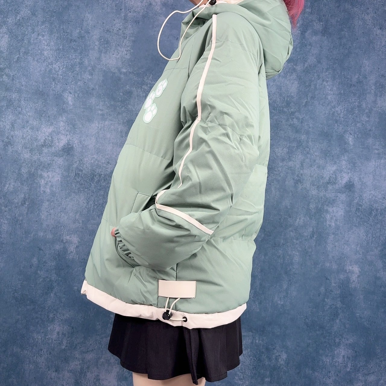 肉球PRINT‐中綿入りハイネックフード付きアウター【MINT GREEN