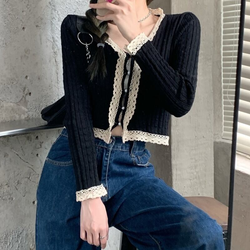 オータムレースブレスト薄手ショートニットトップス ロング 秋物 ステッチ YY-ファッション74450636486