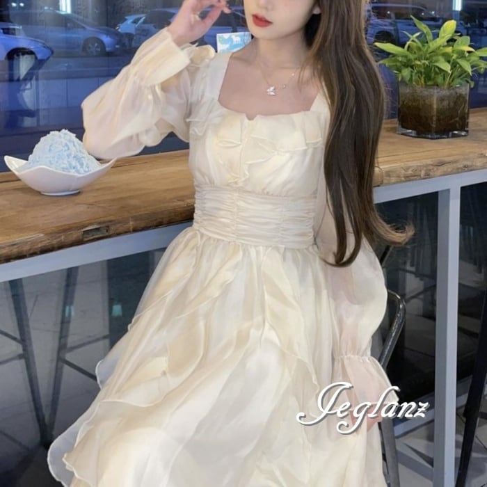 華やか ワンピース ドレス 切替 フリル 透け感 スウィート(M7881)α