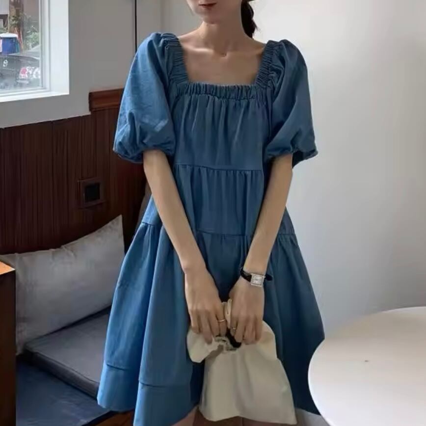 スクエアネックデニムティアードミニワンピース