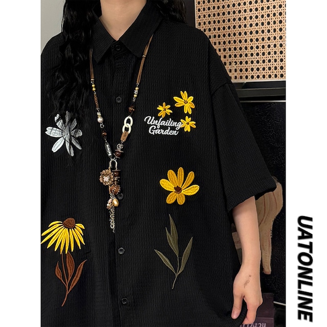 ❀花柄刺繍入りシャツ！【UATONLINEシリーズ】★シャツ★ 3color ユニセックス レトロ トップス 半袖シャツ 黒 白 黄