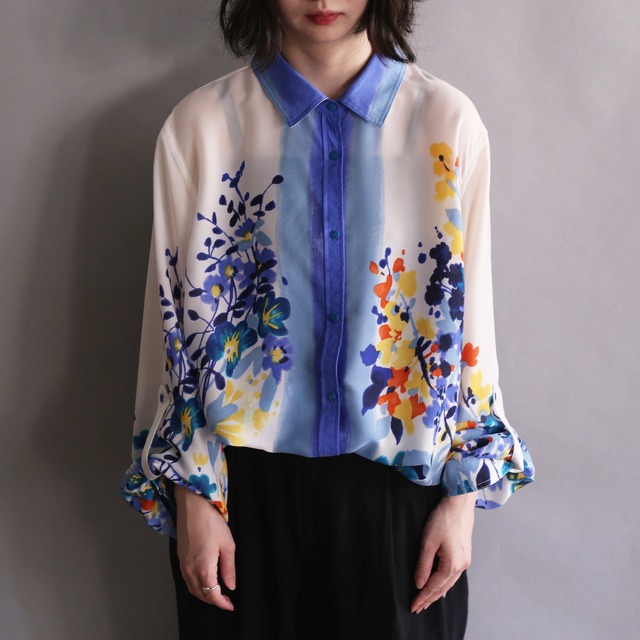 "水彩" flower art design l/s see-through shirt