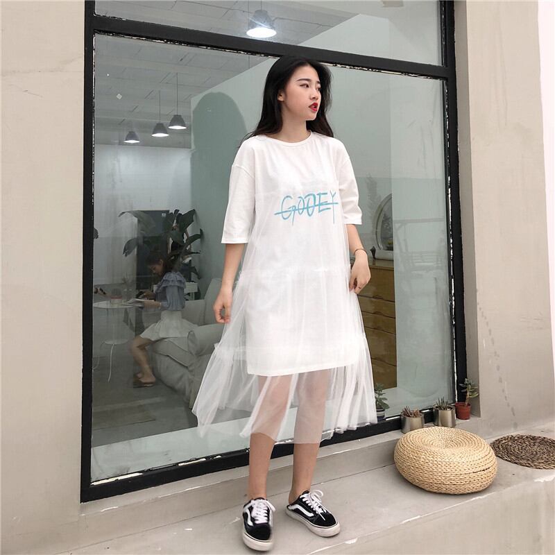 夏新商品 半袖五分袖ｔシャツワンピースチュール重ね着風スカート プチプライス お買い得商品 レーススカート シフォンカート アンティーク調 通勤通学 代 ブルー ホワイト ブラック チェック 学生 代 ワンピース レディース 半袖 膝丈 ノースリーブ ミディアム 大人