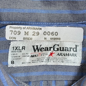 ARAMARK MEXICO製 USA素材 ストライプ 半袖シャツ ワークシャツ ワッペン XL ビッグサイズ ワーク系 企業ロゴ 企業系 アラマーク US古着