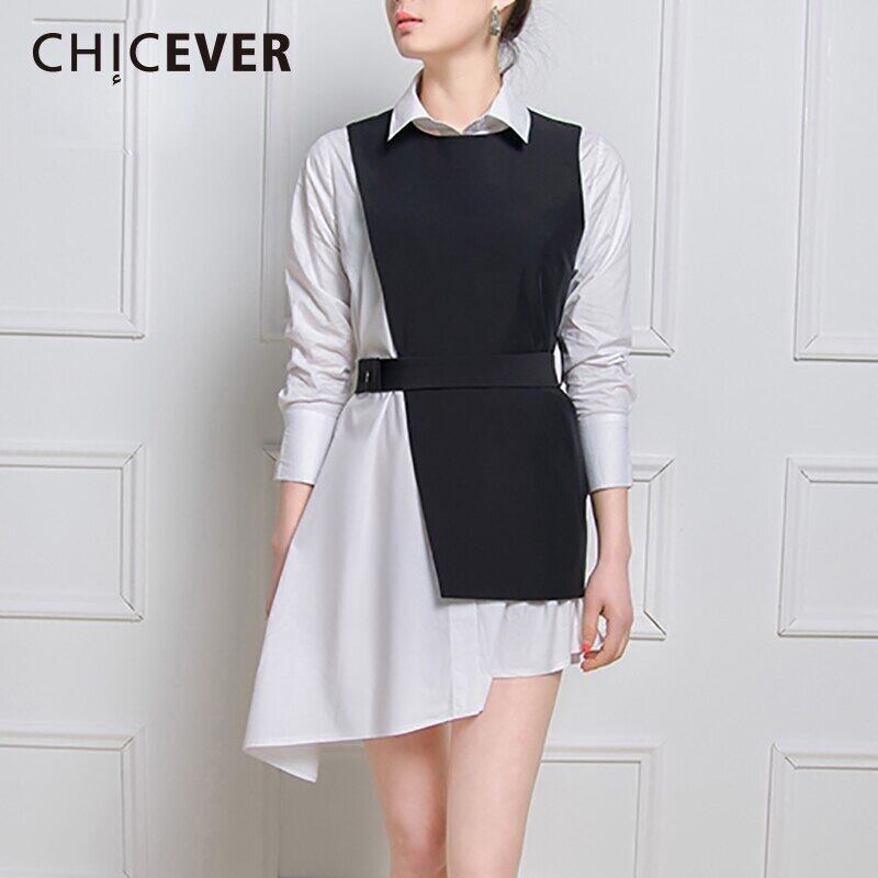 CHICEVER秋ツーピースセット女性スーツ長袖ルーズビッグサイズシャツ、黒のスリムベスト服2020 ロング ブラック オータム 秋物 6base596207702208