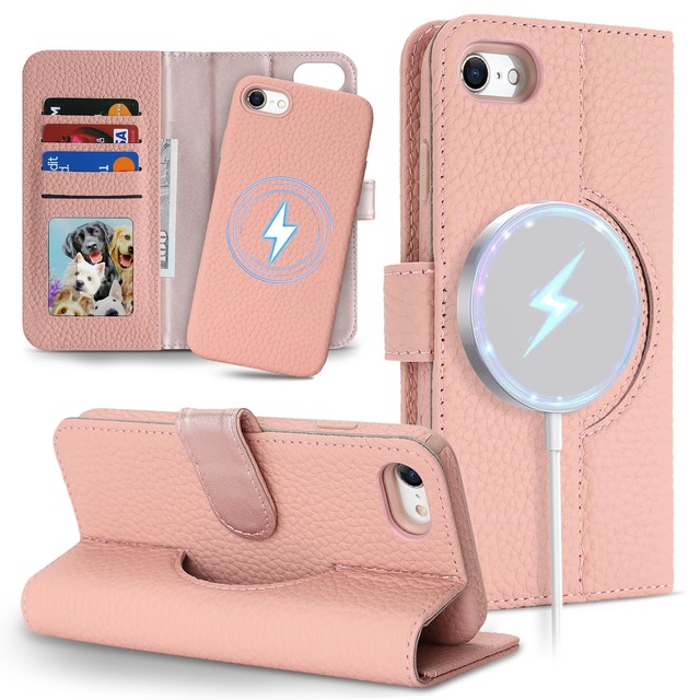 East Clear 分離式 本革ケース for iPhone SE 2020/ SE 2022 手帳型ケース for iPhone 7/8 携帯カバー レザー MagSafe対応 2in1 取り外し自由 両用2way 小銭入れ札入れ カード収納 耐衝撃 耐摩擦 全面保護 マグネット式 スタンド機能 for アイフォンSE2/S23/7/8 -ピンク