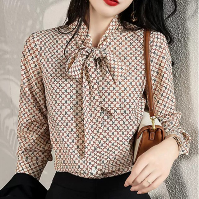 長袖 ボウタイ 幾何学模様プリント ブラウス W01465