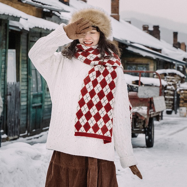 ドリームホースレッドノルディックロンバスレトロスカーフ柔らかくて用途の広い学生秋冬厚手スカーフナショナルスタイル新 ドリームホーストラベル婦人服3491565801