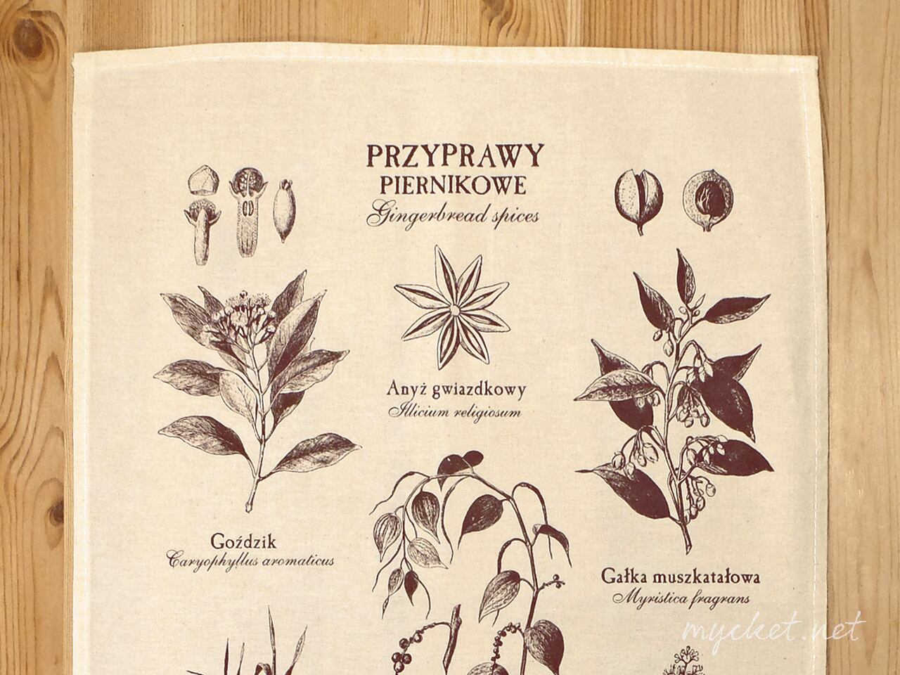 ポーランド「ジンジャーブレッドスパイス柄」クロス(ユーズド/Torun/Poland/Przyprawy Piernikowe/植物柄)