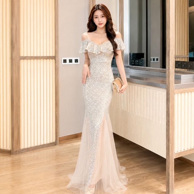 Off-shoulder frill sequin long dress(2color) V3550