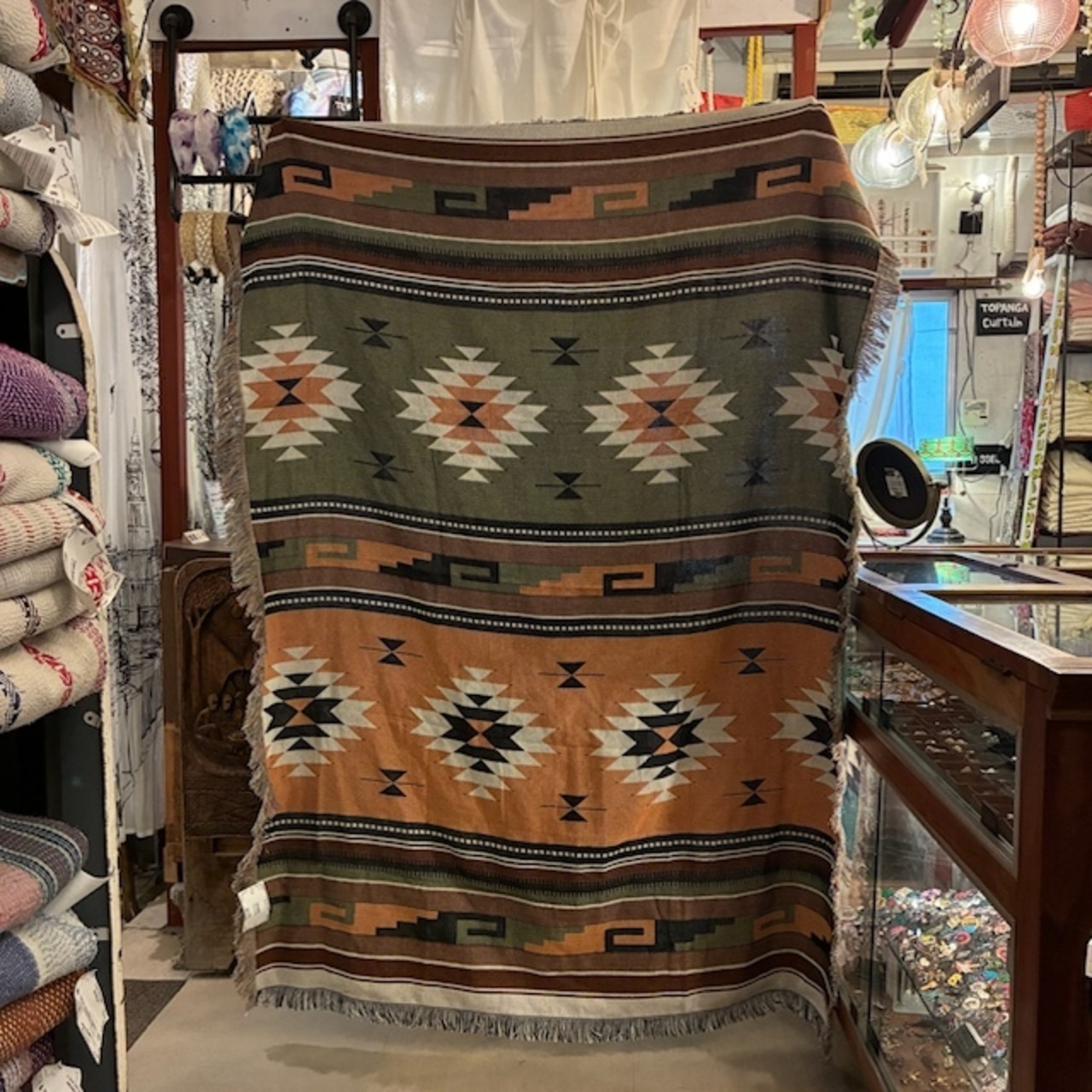 TOPANGA Homefurnishing Tribal throwket　トライバルスローケット　130×180cm　M　グリーン　オレンジ　ソファカバー　ベッドカバー　ブランケット　カーテン
