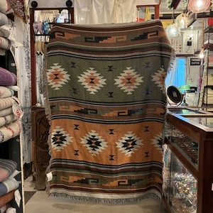 TOPANGA Homefurnishing Tribal throwket　トライバルスローケット　130×180cm　M　グリーン　オレンジ　ソファカバー　ベッドカバー　ブランケット　カーテン