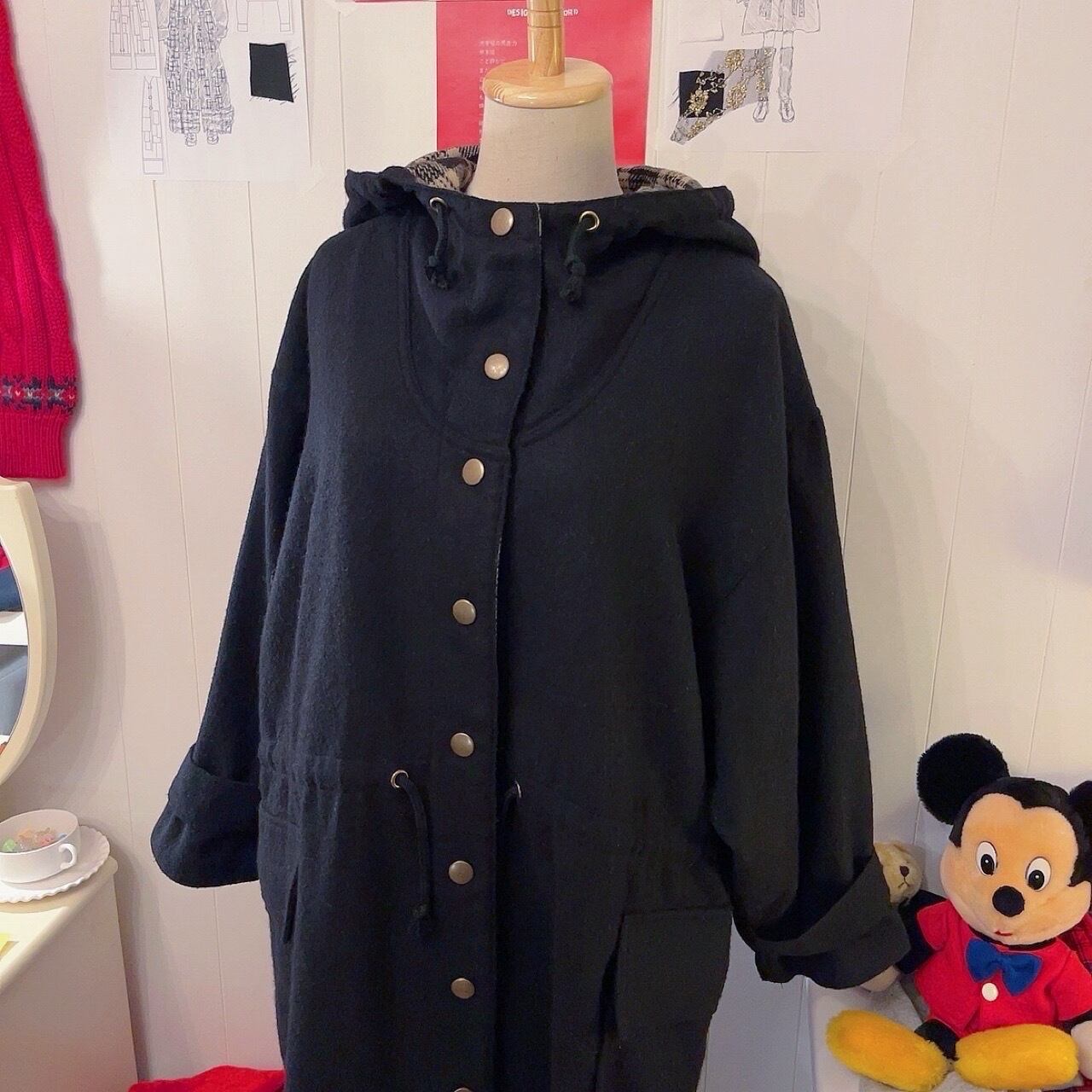 black beige check hoodie coat