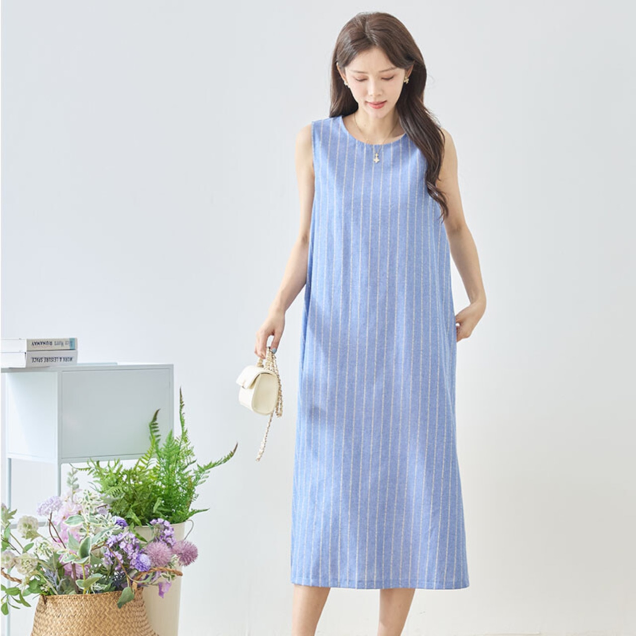 TRUBE Aラインノースリーブコットンマキシワンピース【M~L】ブルー