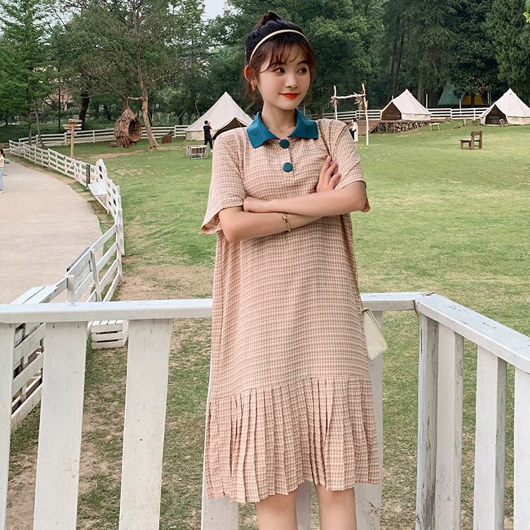 【新作】【送料無料】 マタニティウェア2020夏の新しいファッションチェック柄プリーツラペルドレスミドル丈マタニティドレス-アリババ サマー 夏物 expec249885679981