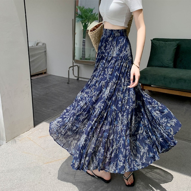 ボトムス スカート 花柄 不規則プリーツ ウエストゴム ロングスカート ダークブルー