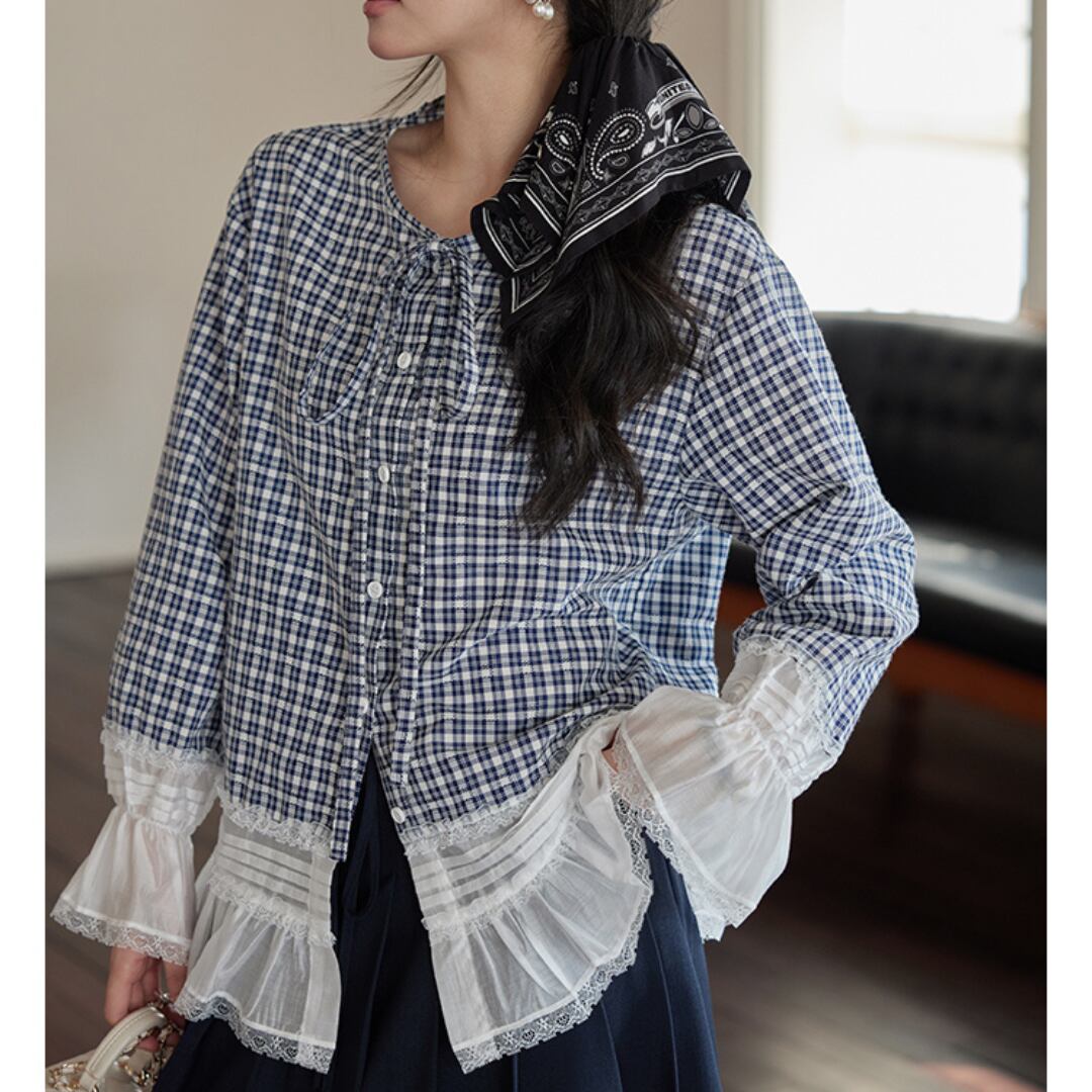 top lace connected blue plaid long sleeved shirt