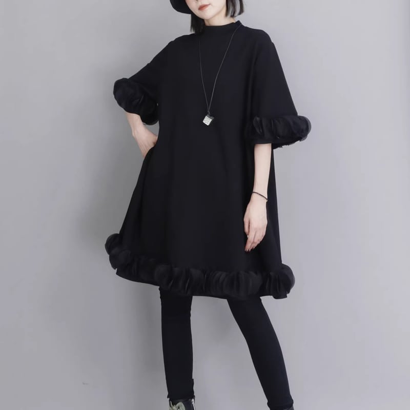 フリル付き 半袖 Aライン チュニックワンピース 1color ON1005 | Style