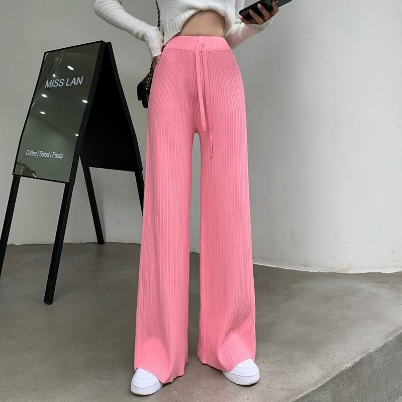 スプリングストライプニットパンツ ハイウェストウェストルーズカジュアル 春物 YY-ファッション69920081146