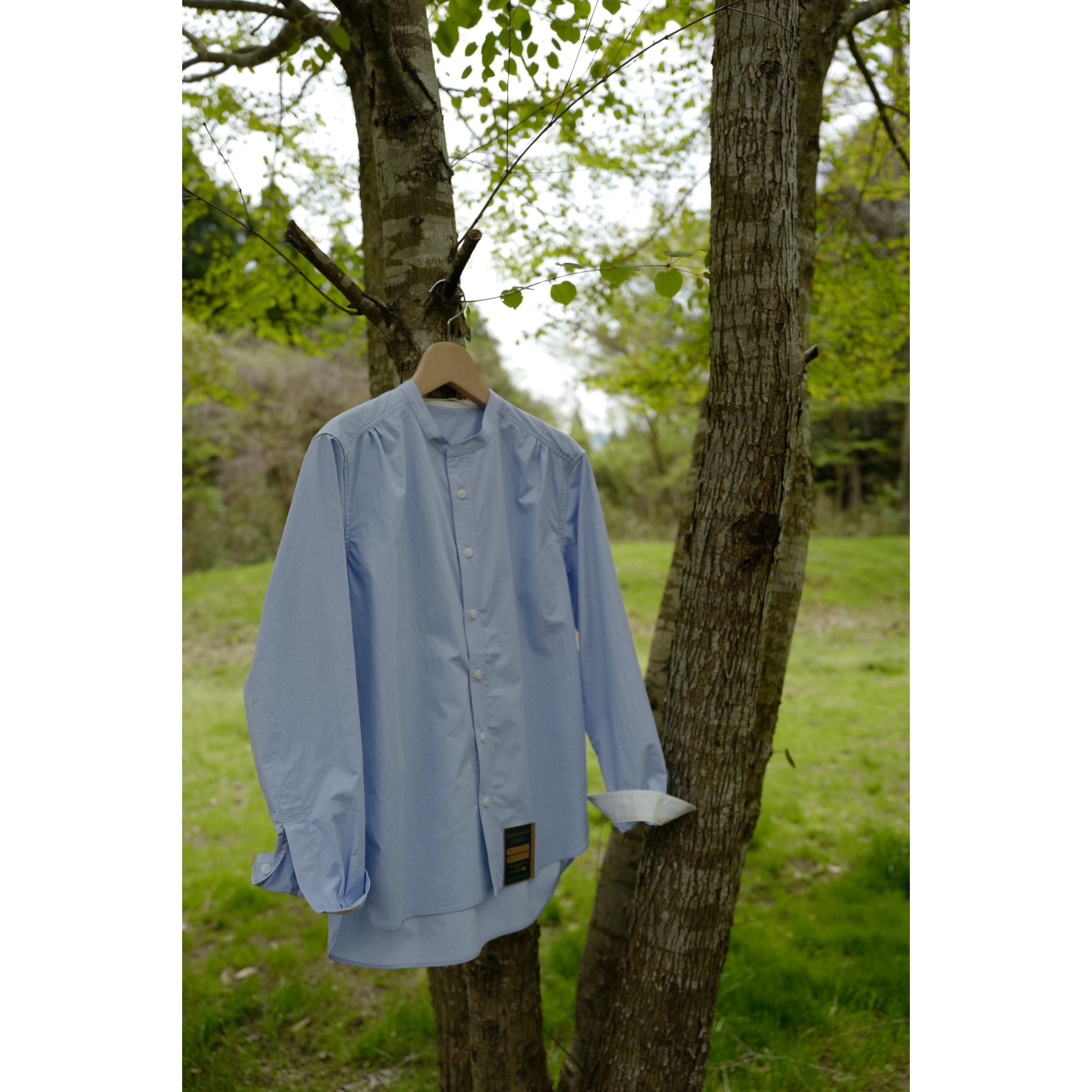 【Unisex】Handwerker │ cotton linen collarless shirts (saxe)