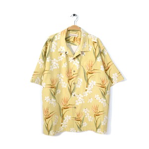 トミーバハマ シルク アロハシャツ 花柄 イエロー系 シルクジャガード ハワイアン 開襟 オープンカラー Tommy Bahama メンズXL 古着 @CD0009