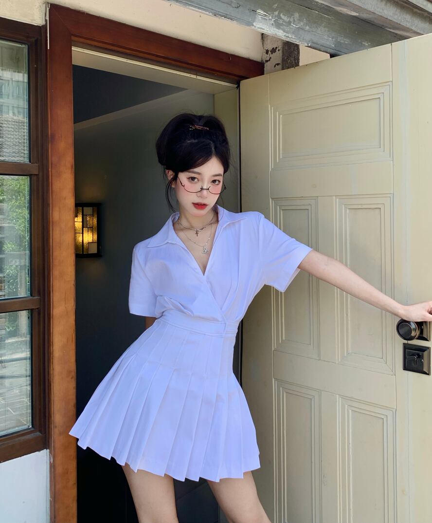 プリーツシャツ ドレス サマーショートスカート ウェスト 大人ガーリー スウィート キュート カジュアル 夏物 ブラックストロベリース12124358301