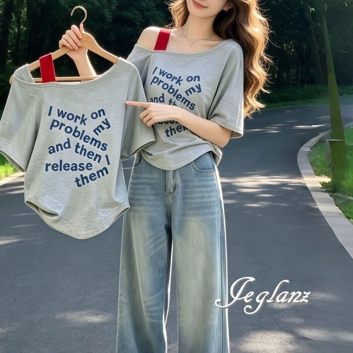バイカラー レタリング 半袖 Tシャツ オフショル ユニセックス(MC886)ρ
